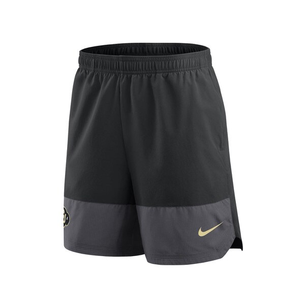 Left side view of black and gray Nike athletic shorts with gold Swoosh and partial CU Buffaloes logo.